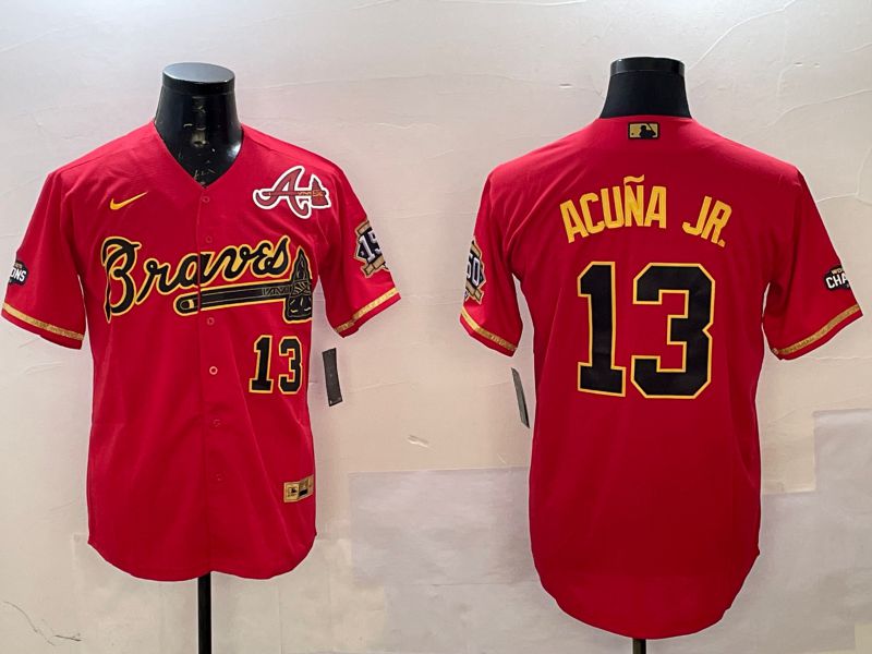 Men Atlanta Braves #13 Acuna jr Red gold Game 2025 Nike MLB Jersey style 2